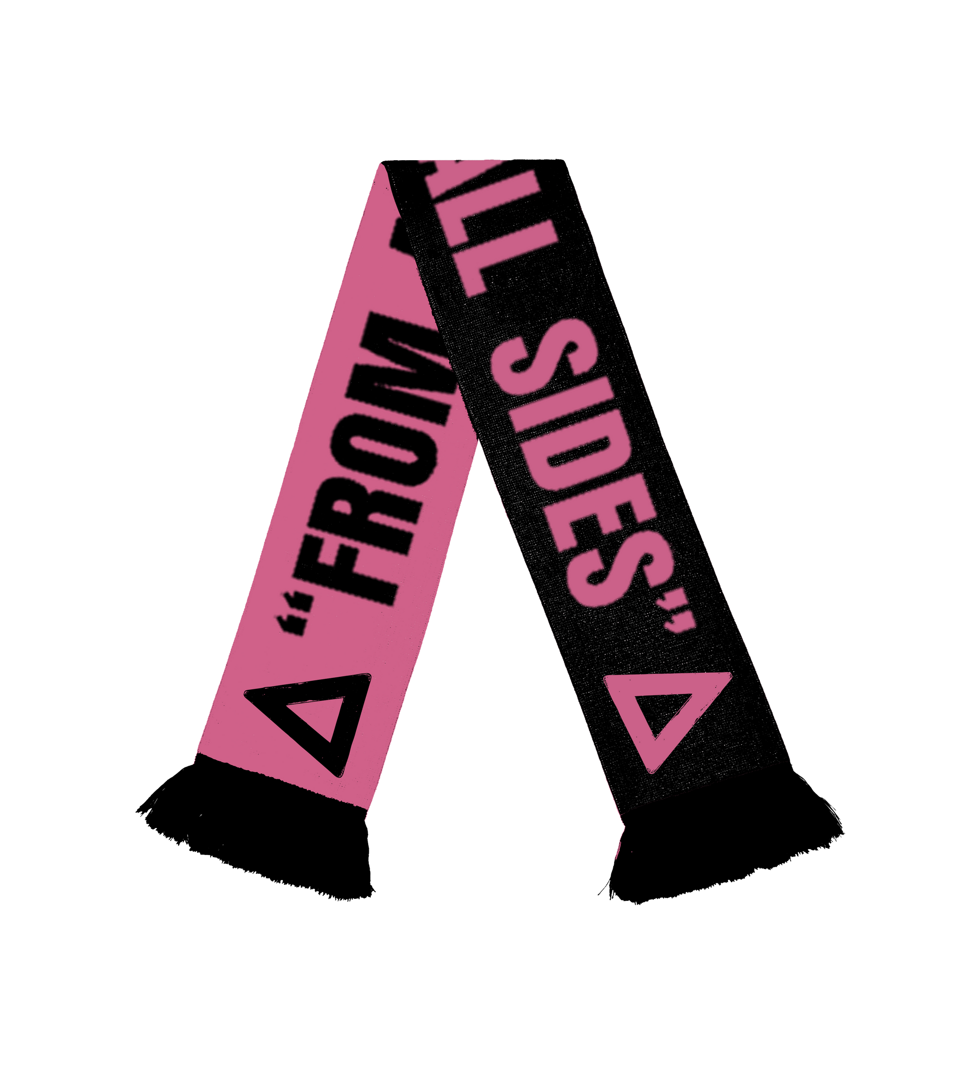 Pink and black scarf with 'From All Sides' text